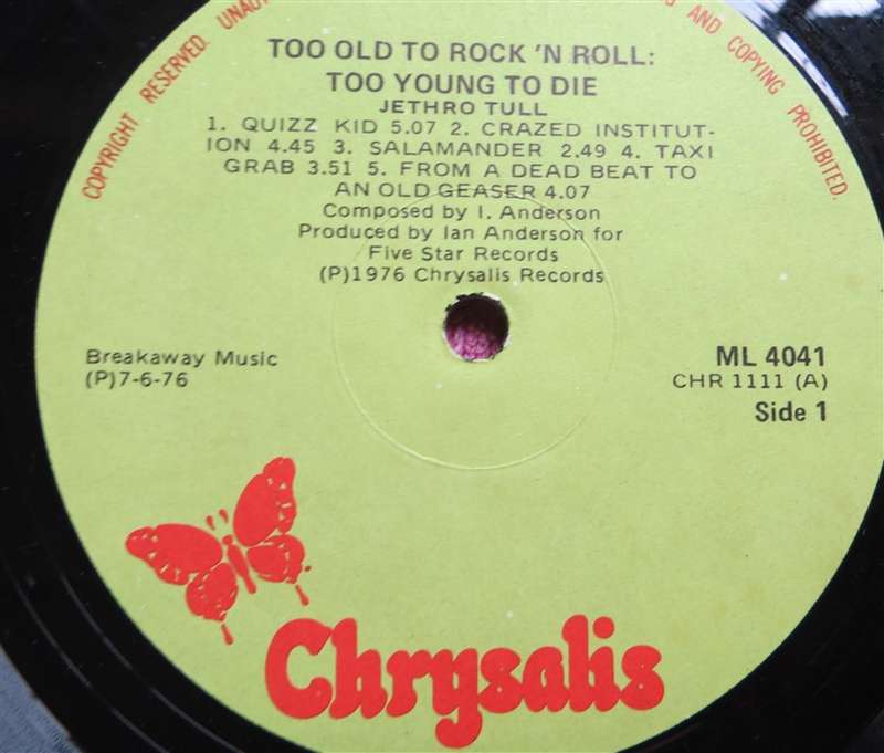 Jethro Tull - To Old to Rock & Roll To Young to Die - Vintage Vinyl LP VG