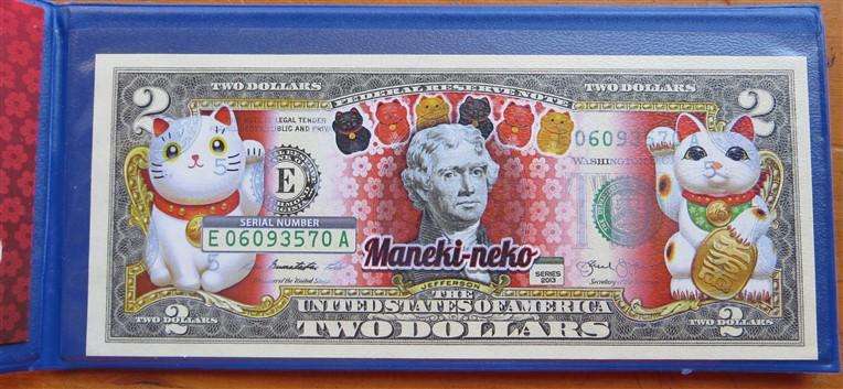 USA Colourized Legal Tender Maneki Neko $2 Note Art Collectible in Folder