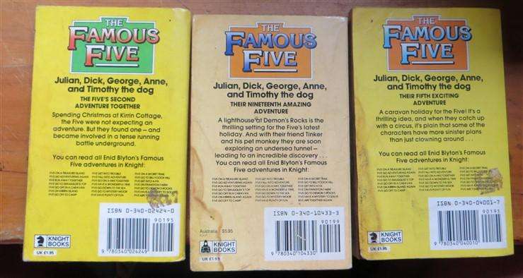 3 x Famous Five Enid Blyton paperbacks -water stains on back cover