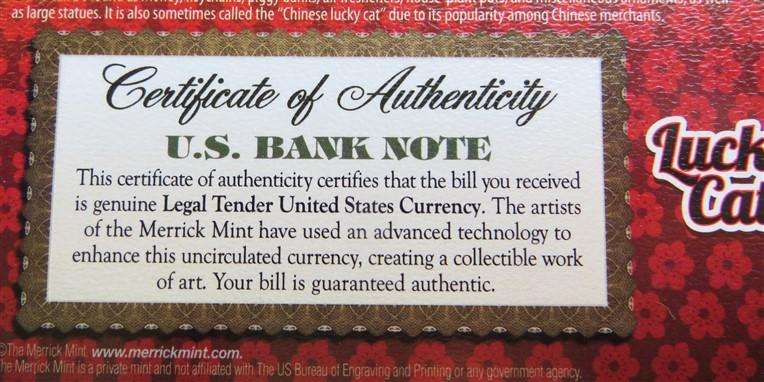 USA Colourized Legal Tender Maneki Neko $2 Note Art Collectible in Folder
