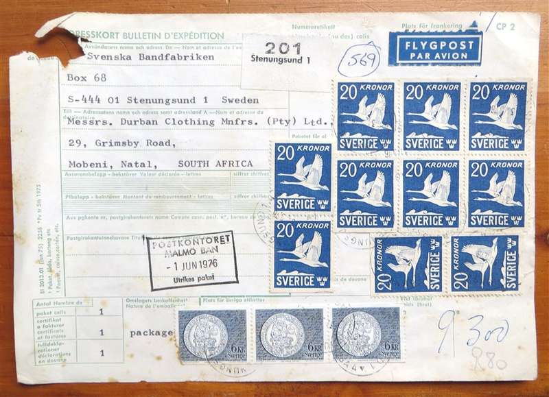 Sweden to RSA Airmail Parcel Stamps Lot