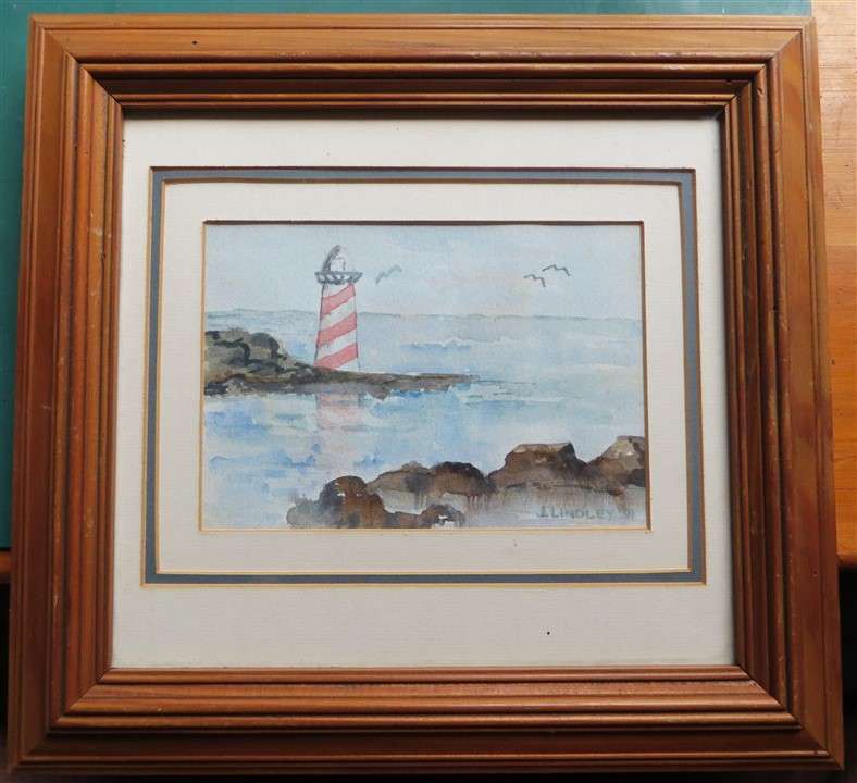 J.Lindley Artist Framed watercolour Lighthouse