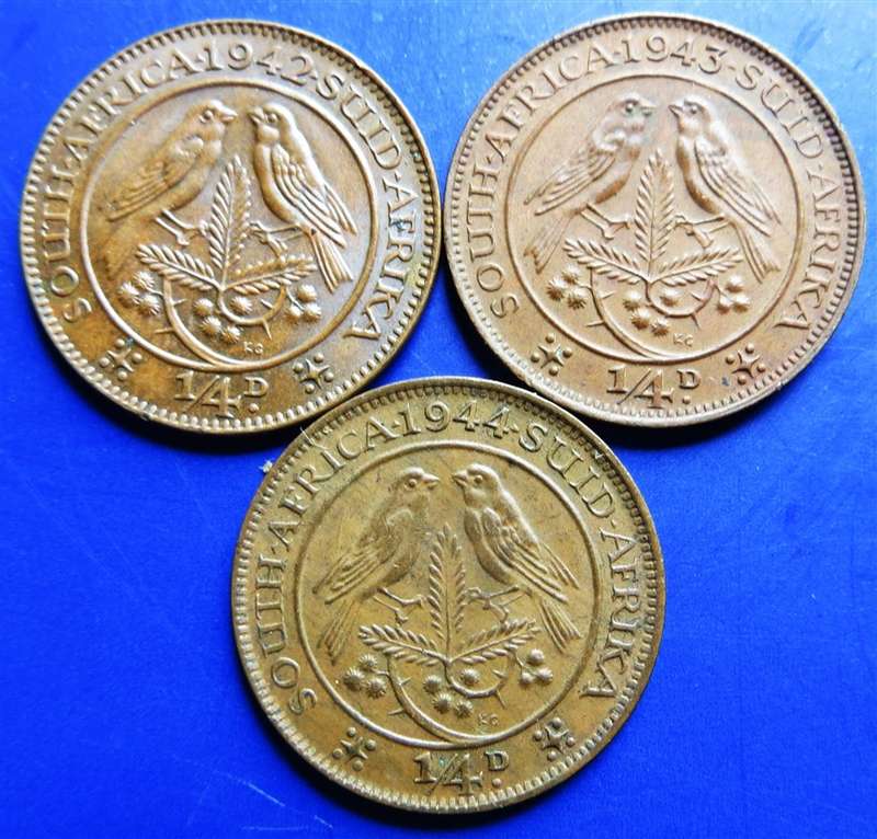1942 + 43 + 44 Union Quarter Penny 1/4d Farthing