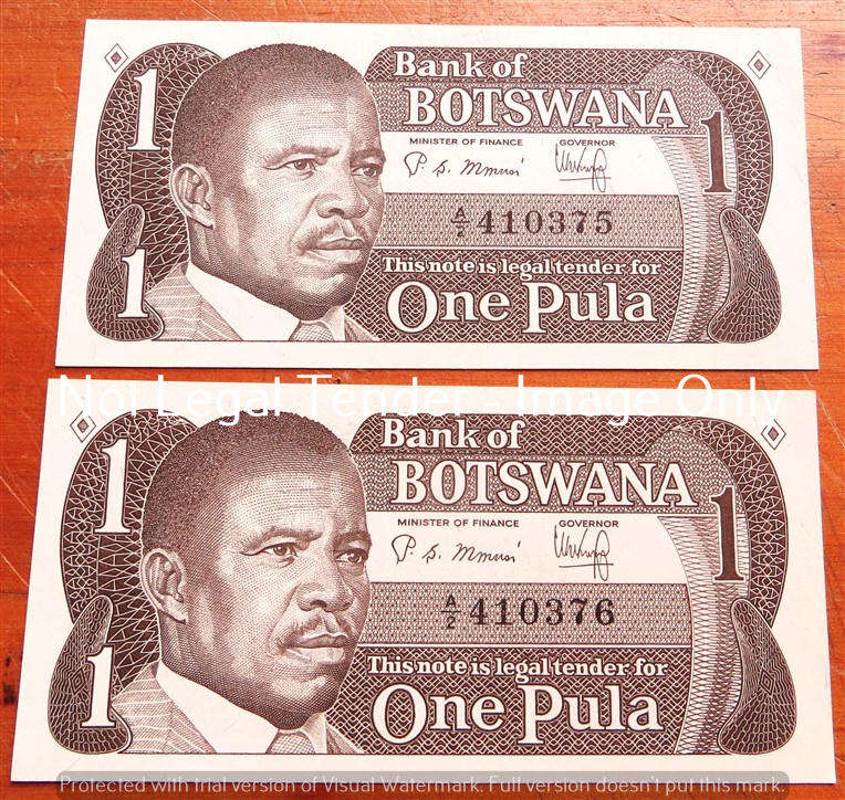 Botswana 1 Pula - Pair Consecutive Numbers - A2 Prefix - Bid per Note