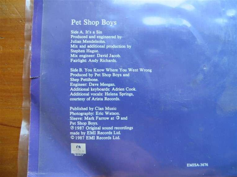 Pet Shop Boys - It's a Sin Vintage Vinyl 7 Single