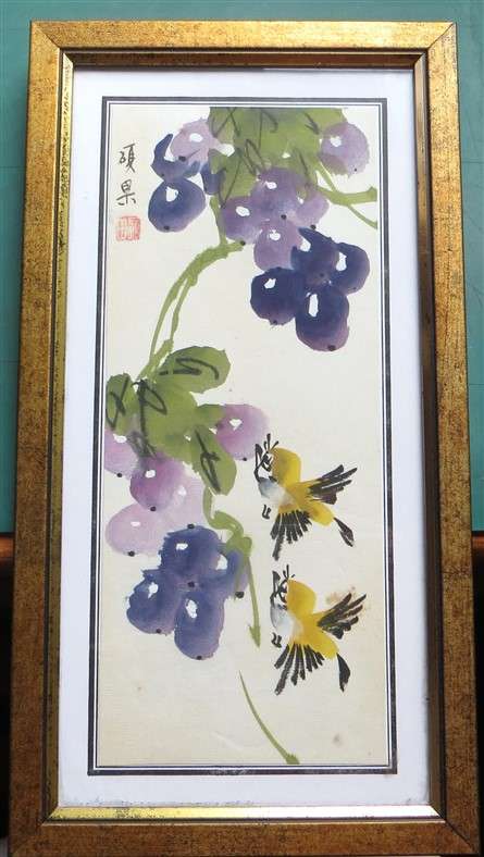 Japanese Watercolour - Framed with Glass - Birds & Grapes