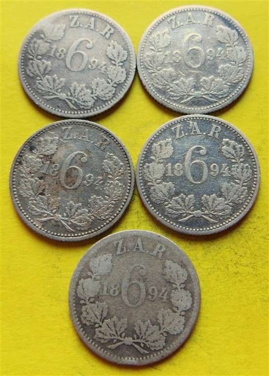 5 x 1894 ZAR 0.925 Silver 6d Six Pence Coin - Bid per Coin
