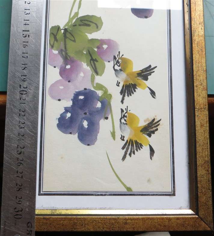 Japanese Watercolour - Framed with Glass - Birds & Grapes