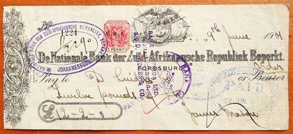 ZAR Cheque - 9 June 1901 - 12 Pounds & 2 Shillings