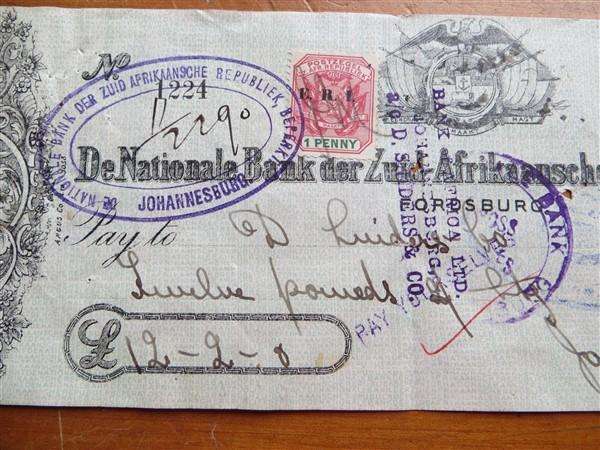 ZAR Cheque - 9 June 1901 - 12 Pounds & 2 Shillings