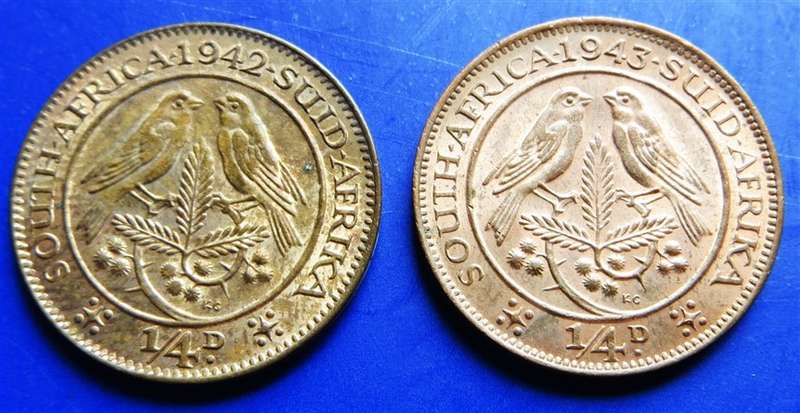 1942 + 1943 Union Quarter Penny 1/4d Farthing