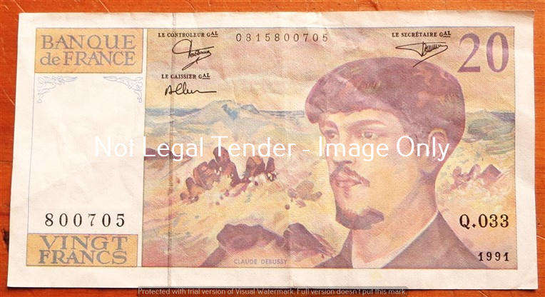 1991 France 20 Francs Bank Note #800705