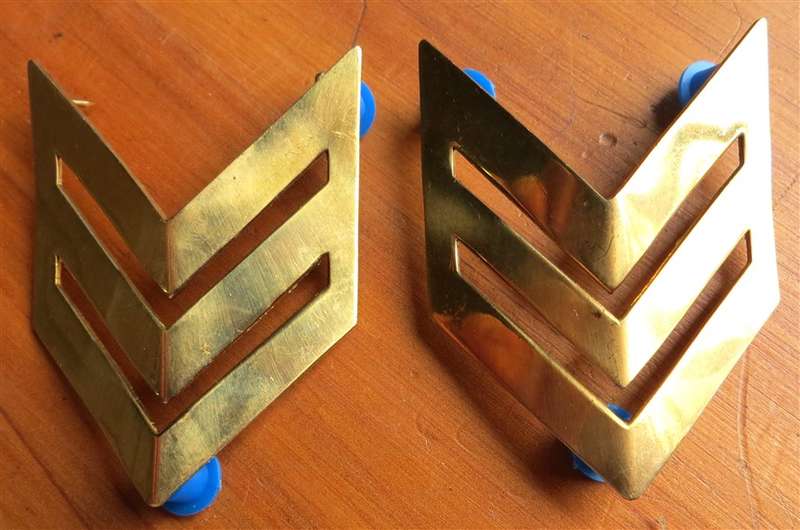 Pair SA Army Sergeant`s Metal Chevron Rank Badges
