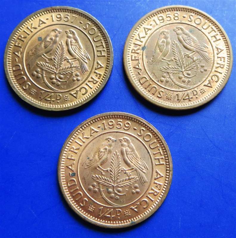 1957 + 1958 + 1959 Union Quarter Penny 1/4d Farthing