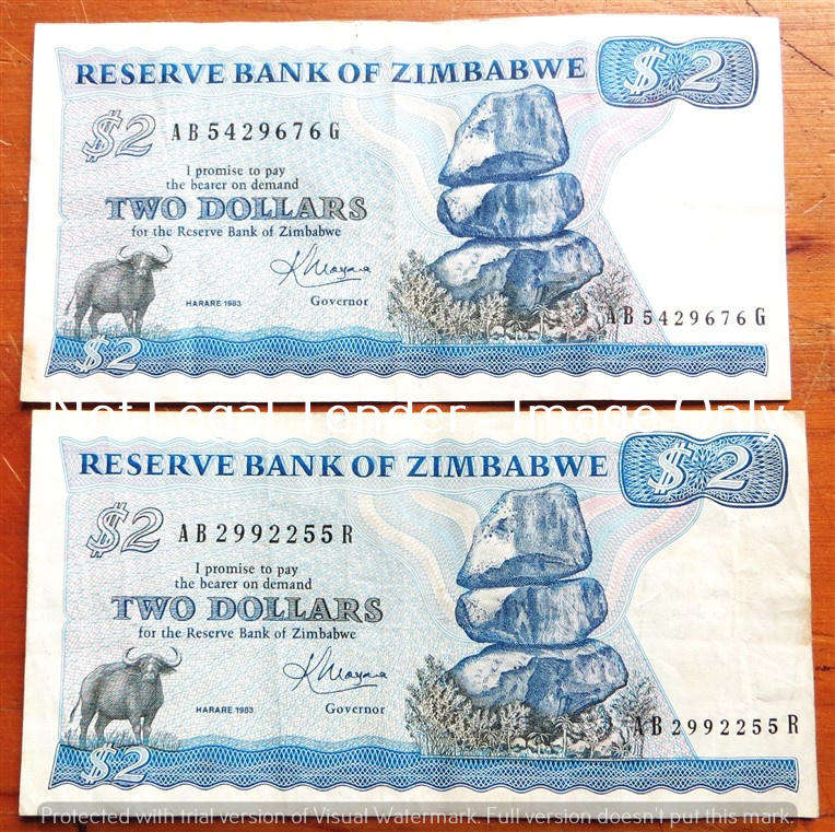 2 x Zimbabwe 2 Dollar Notes 1983 Harare - Bid per Note