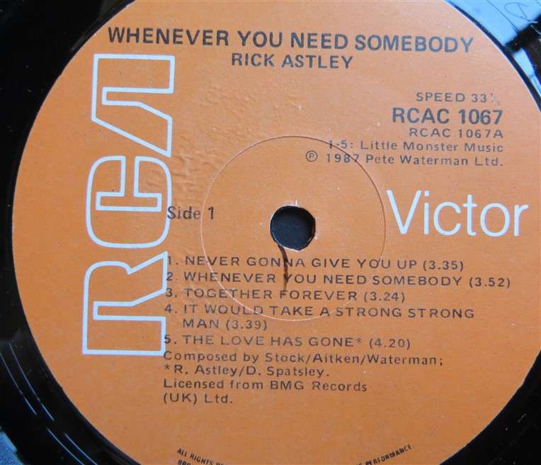 Rick Astley - Whenever You Need Somebody Vintage Vinyl LP - VG+