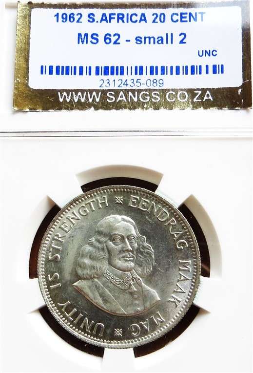 1962 SA MS63 Silver 20 Cent Large 2 Variety Graded