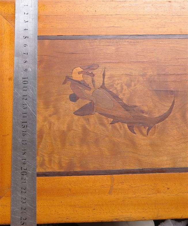 Vintage Marquetry Wood Inlay Artwork Diver with Large Fish