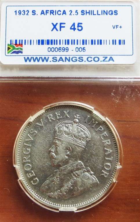 1932 SA XF45 Silver 2/6 Halfcrown Graded