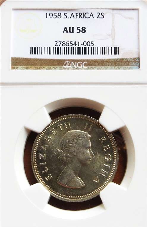 1958 SA AU58 NGC Silver 2 Shilling Graded