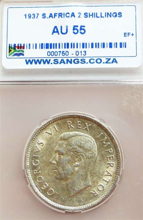 1937 SA AU58 SANGS Silver 2 Shilling Graded