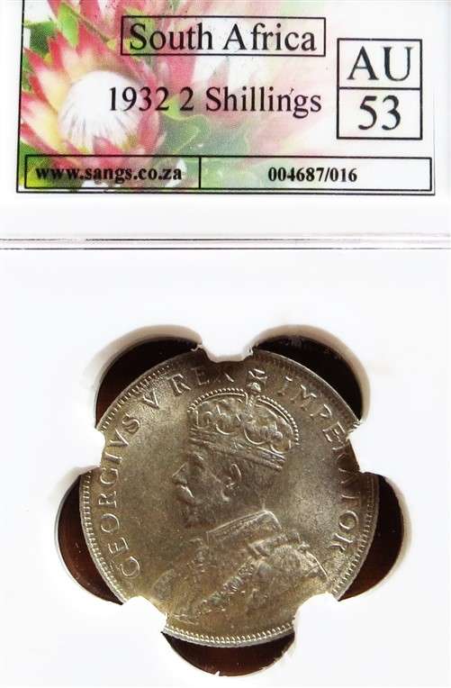 1932 SA AU53 SANGS Silver 2 Shilling Graded