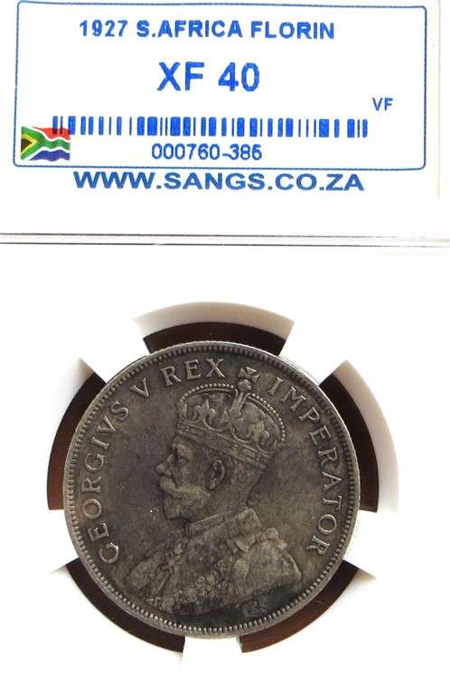 1927 SA XF40 SANGS Silver 2 Shilling Graded