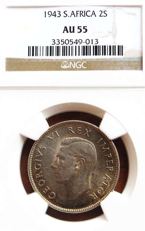 1943 SA AU55 NGC Silver 2 Shillings Graded