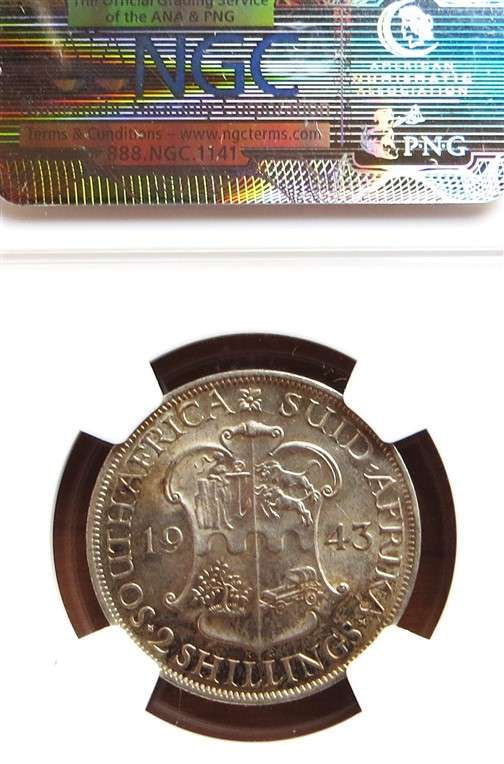 1943 SA AU55 NGC Silver 2 Shillings Graded