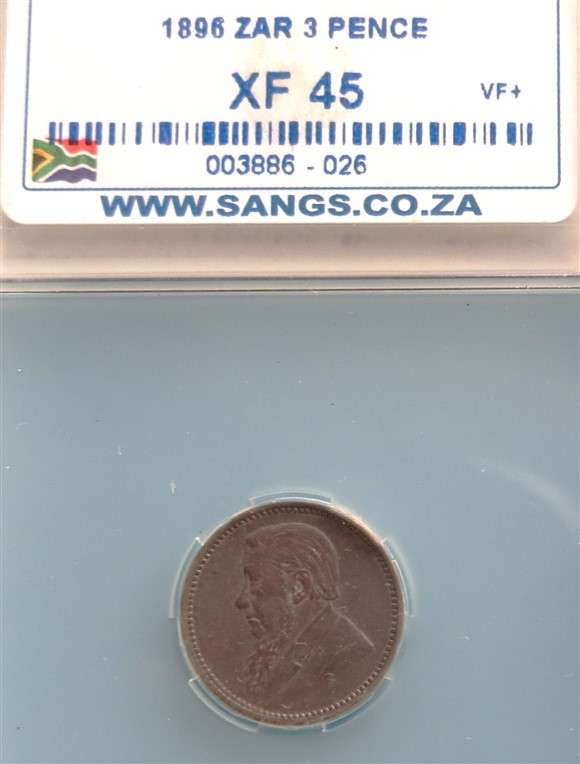 1896 ZAR 3d Tiekie Silver SANGS XF45 Graded