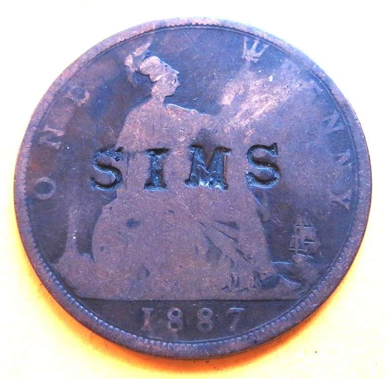 1887 SIMS Defaced Overstamped GB Penny 1d