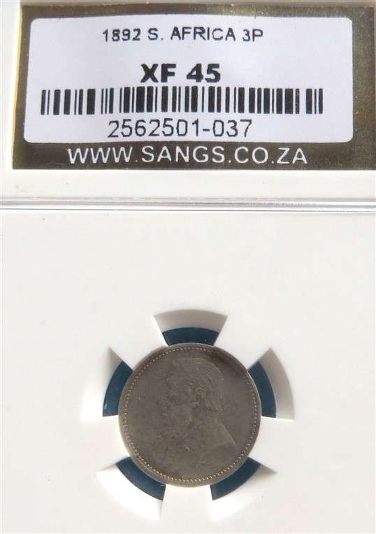 1892 ZAR 3d Tiekie Silver SANGS XF45 Graded