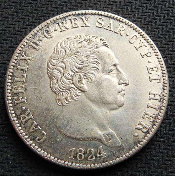 1824 Italy 5 Lire Silver Coin