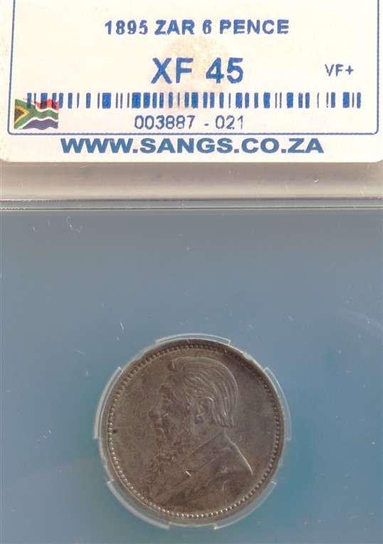 1895 ZAR 6d Sixpence Silver SANGS XF45 Graded