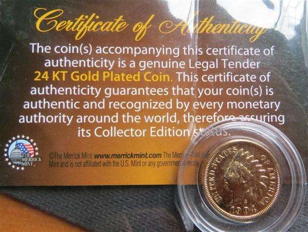 USA 1904 Gold Plated 1 Cent Coin + Certificate