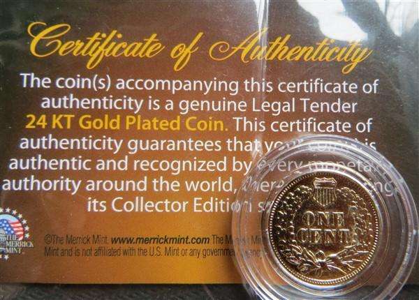 USA 1904 Gold Plated 1 Cent Coin + Certificate