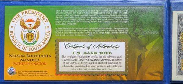 USA $2 Nelson Mandela Bank Note legal Tender + Cert. + Folder