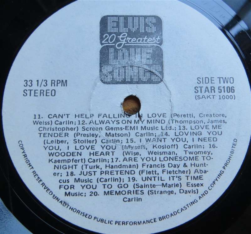 Elvis - 20 Greatest Love Songs -  Vinyl VG / Cover VG