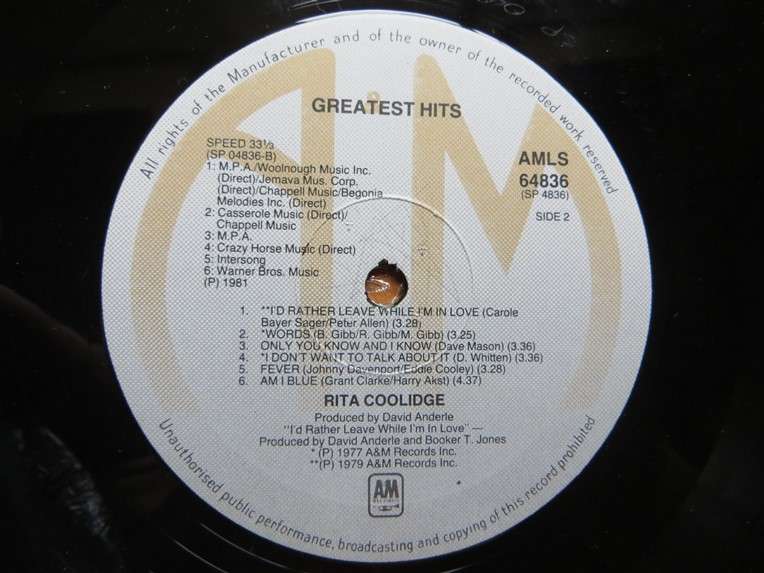 Rita Coolidge - Greatest Hits Vintage Vinyl LP - VG