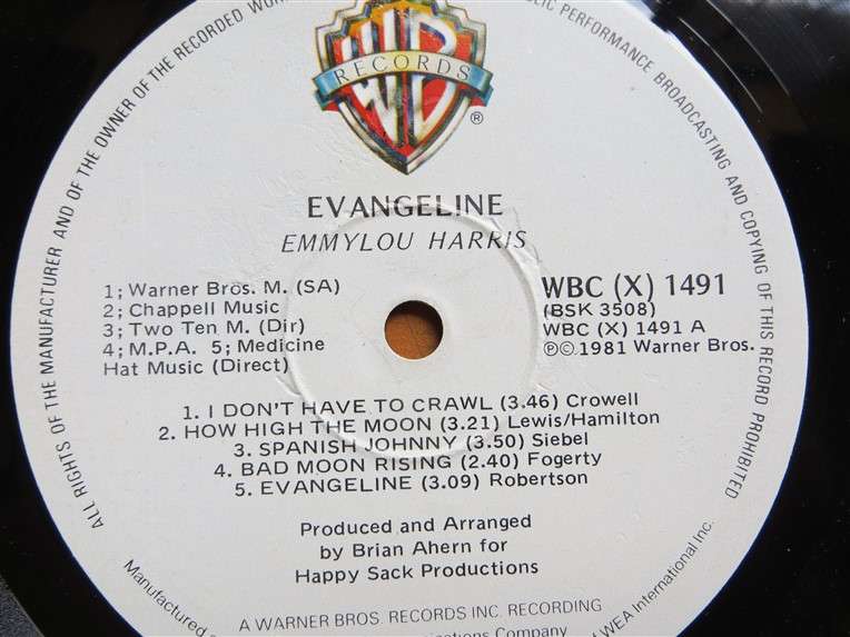 Emmy Lou Harris - Evangeline Vintage Vinyl LP - VG