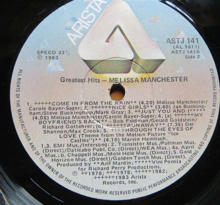 Melissa Manchester Greatest Hits Vintage Vinyl LP - VG