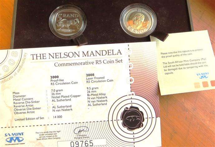 Nelson Mandela R5 Coin Set - PL & Laser Frosted 2000+2008 in Box + Cert.