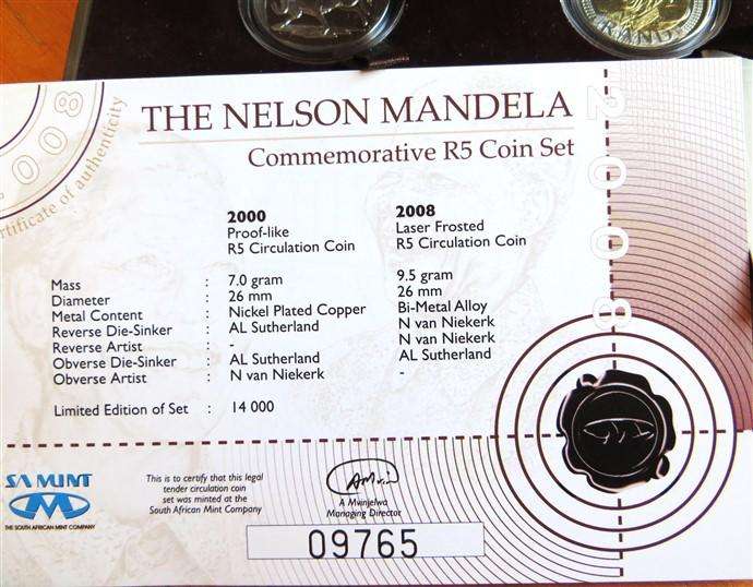 Nelson Mandela R5 Coin Set - PL & Laser Frosted 2000+2008 in Box + Cert.