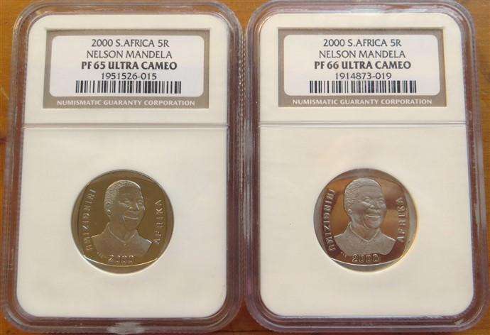 2 x Nelson Mandela R5 NGC PF65 + PF66 Graded - Bid per Each Coin