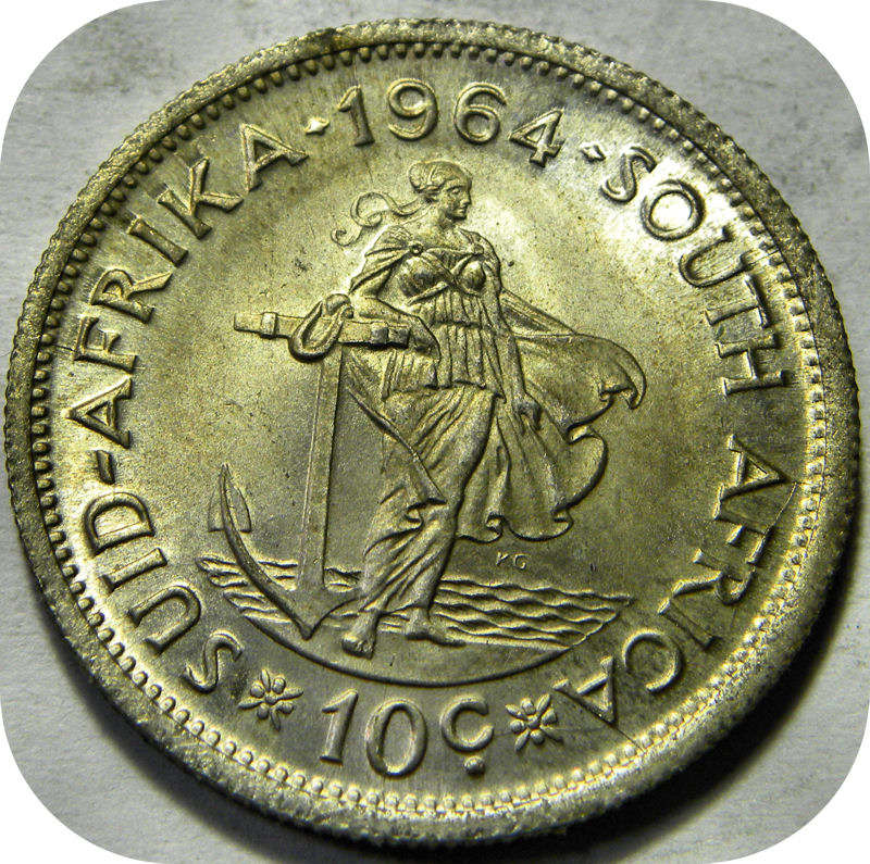 Top Grade RSA: Two 1964 van Riebeeck 10c Shillings in Brilliant UNC below R200!  Bid per coin.
