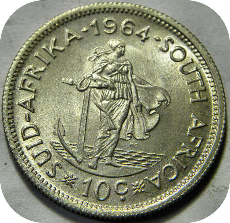 Top Grade RSA: Two 1964 van Riebeeck 10c Shillings in Brilliant UNC below R200!  Bid per coin.