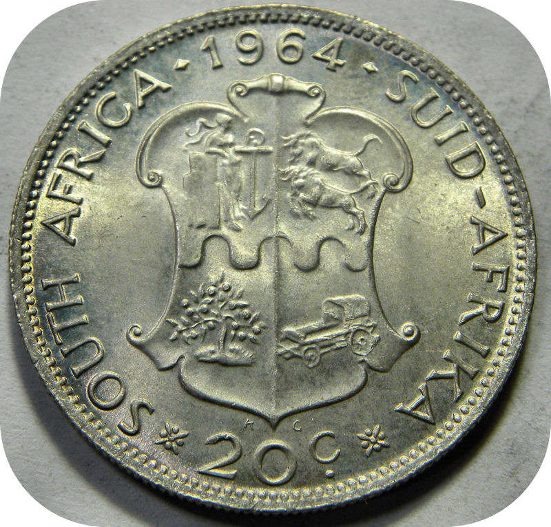 RSA silver:  1964 van Riebeeck 20c in Brilliant UNC!  Two Specimens available!