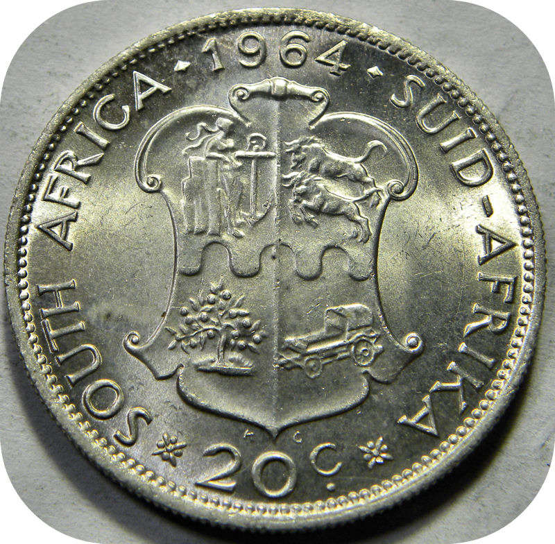 RSA silver:  1964 van Riebeeck 20c in Brilliant UNC!  Two Specimens available!