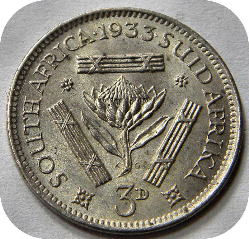 RARE SA Union: The 1933 tickey 3d in Brilliant UNC!  remarkable weak strike!