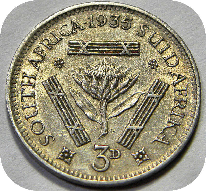 Bargain SA Union: 1935 tickey 3d in A/UNC below R300!!